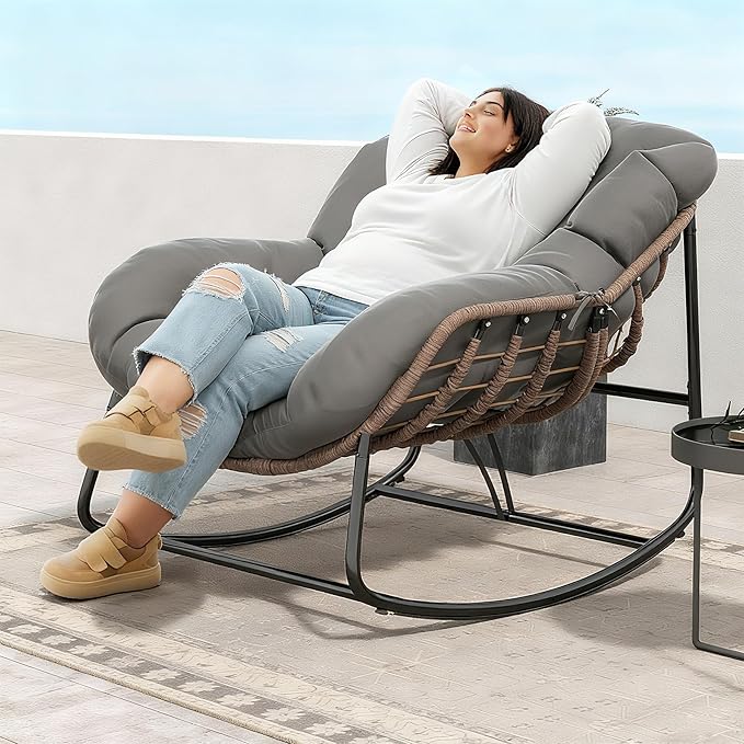 Fancyango Oversized Egg Rocking Chair for Indoor/Outdoor – All-Weather Wicker Rattan Lounge Chair with Cushion, Patio Rocker for Porch, Garden, or Balcony (Grey, 37''Dx37.4''Wx31.5''H)