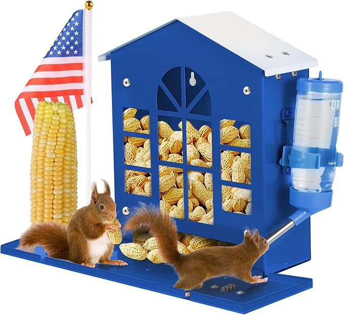 Metal Squirrel Feeder for Outside, Hanging Squirrel House for Outdoors with Water Bottle, Flag and Corn Cobs Holder, Peanut Feeder for Chipmun, Blue