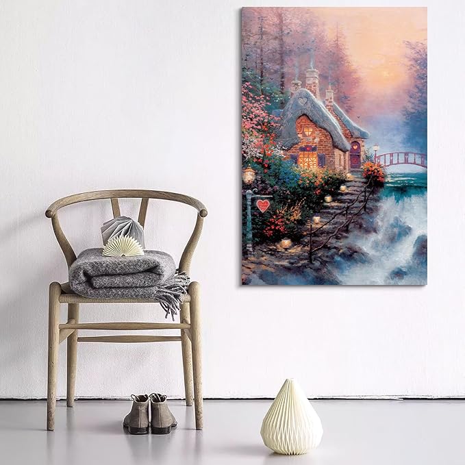 STUDIO HAVEN Thomas Kinkade Canvas Wall Art, Red Bridge Glowing Windows Lush Floral Gardens Oil Painting Fairytale Poster Enchanted Sunset Wall Decor, Framed Prints for Home Decor, 16x24Inch