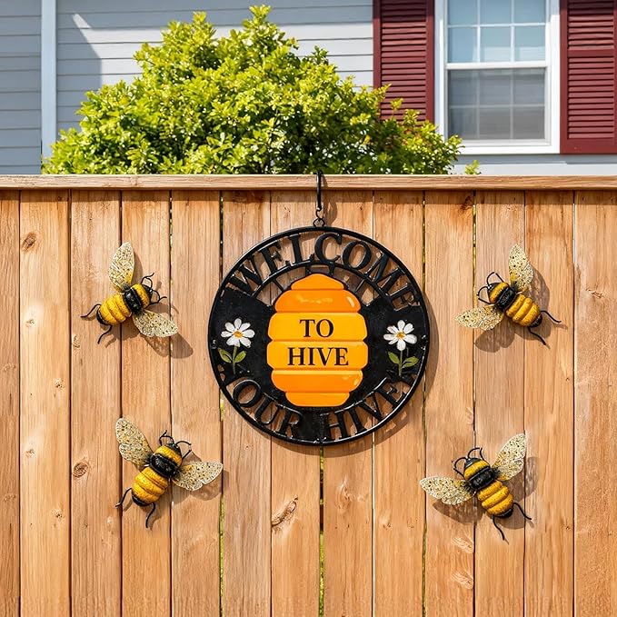 Metal Bee Outdoor Wall Decor - 2Pcs Bee Wall Art Garden Decor, Bumble Bee Decorations for Home, Yard Art Fence Decorations Outdoor