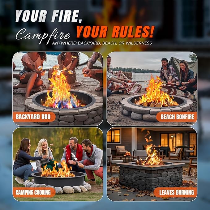 INNOSTAGE 36 Inch Fire Pit Ring (40 Inch Outer), Heavy Duty Steel Fire Ring for Outside, Large Round Fire Pit Insert, DIY Camping Fire Ring, Above or In-Ground, Black Carbon for Backyard Patio Bonfire