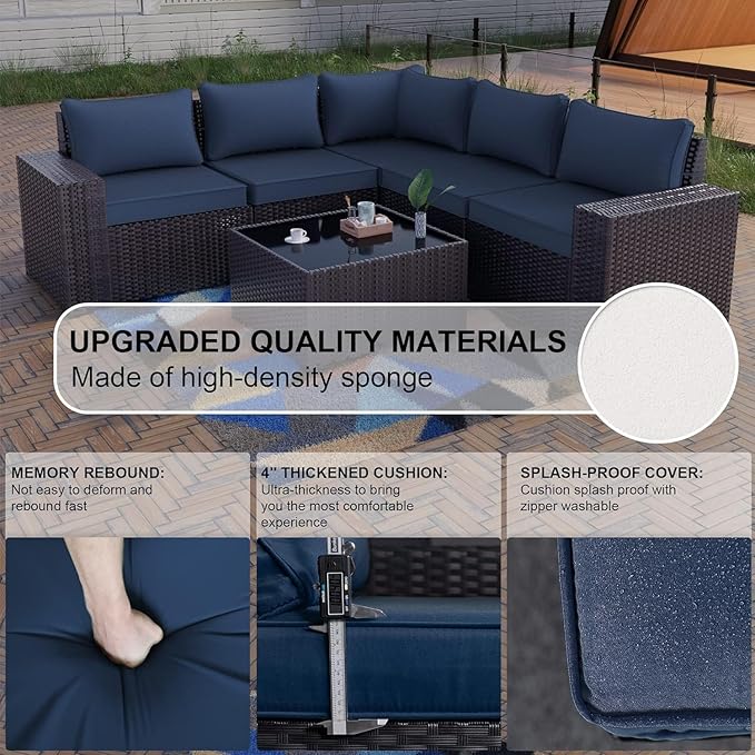 Kullavik 9 Pieces Outdoor Patio Furniture Set,PE Wicker Rattan Sectional Sofa Patio Conversation Sets with Tempered Glass Table,Swivel Rocking Chairs Set,Navy Blue