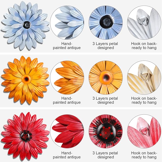 Hotop 3 Pcs Metal Flower Wall Art 3D Metal Daisy Wall Decor Multiple Layer Hanging Flower Rustic Farmhouse Boho Style Decorations for Indoor Outdoor Home Living Room Office Garden, 8 Inches(Retro)