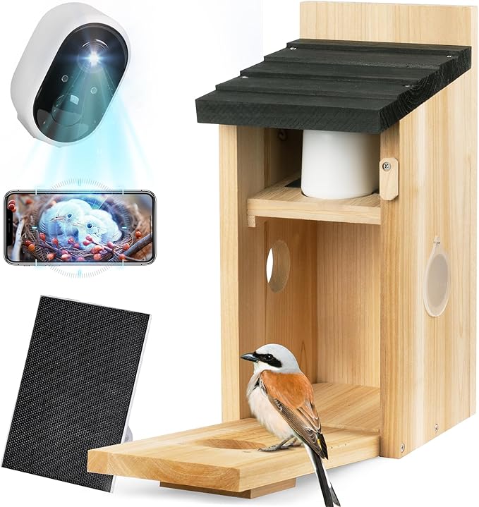Smart Bird House with AI Identify Camera, 1080P Birdhouse Camera Solar Powered, Bird Houses for Outside Switch to Night Vision Automatically, 2.4G WiFi App to Observe Bird Activities in Real Time