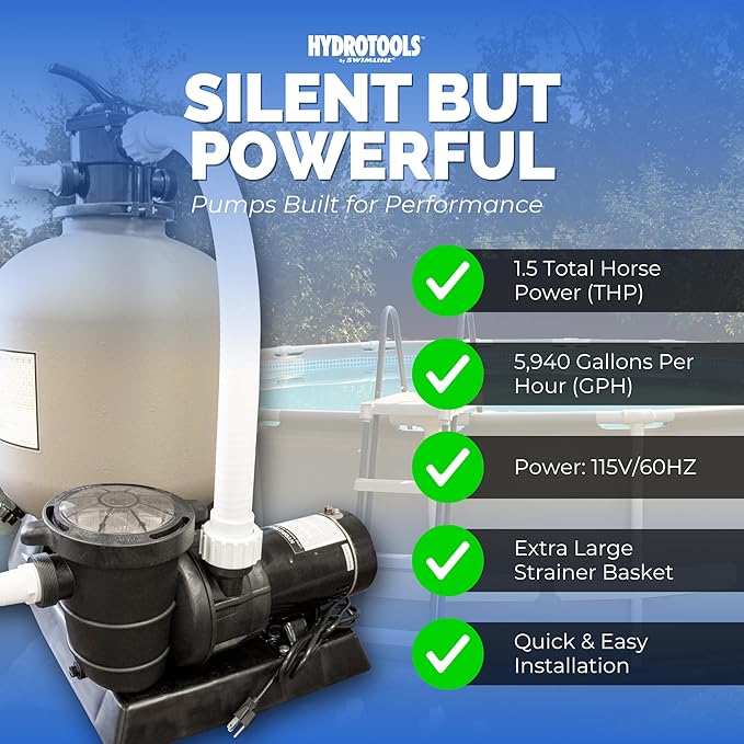 SWIMLINE HYDROTOOLS 22 Inch Pool Sand Filter Pump For Above Ground & Inground Pool | Complete System 1.5 HP (1.2 THP) Horsepower 4980 GPH Pumps | For Pools Up To 21000 Gallons | 7 Way Valve 72220