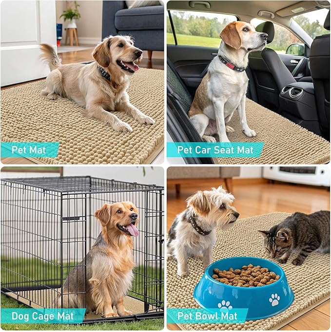 OLANLY Dog Door Mat for Muddy Paws 32x20, Absorbs Moisture and Dirt, Absorbent Non-Slip Washable Doormat, Quick Dry Chenille Mud Mat for Dogs, Entry Indoor Entryway Carpet for Inside Floor, Beige