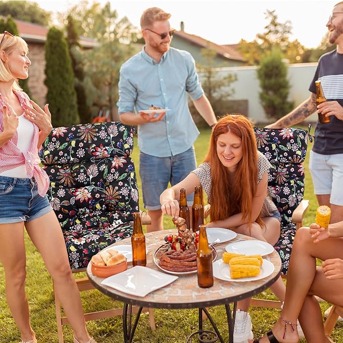 Barydat 4 Pcs Tufted High Back Chair Cushion Indoor Outdoor Seat and Back Cushions Palm Leaves Tropical Plants Lawn Rocking Chair Pads with Ties for Adirondack Patio Garden(Black Flower)