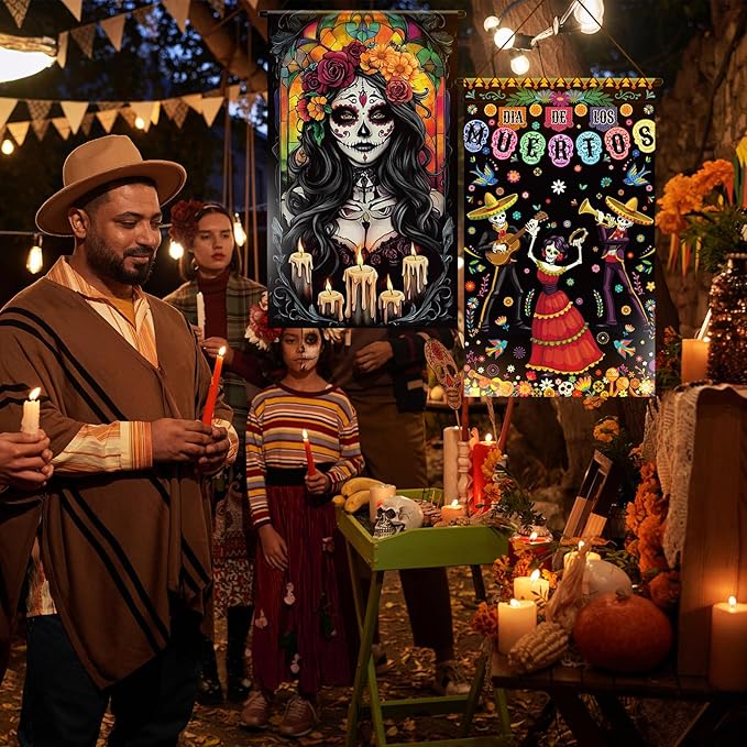 Tegeme 3 Pcs Day of The Dead Door Sign Flag Dia De Los Muertos Front Door Decoration Halloween Hanging Decor Banner Wall Flag Ornaments for Party Supplies Home Outdoor Indoor