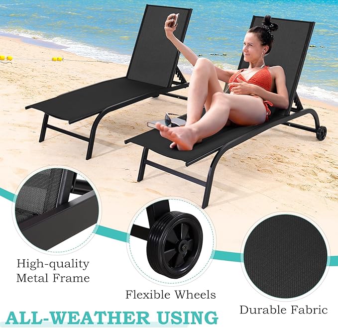 EROMMY Patio Chaise Lounge Chair Set of 2 with Wheels, Oversized 26" W Outdoor Lounge Chairs with Adjustable Backrest, Waterproof Poolside Lounge Chairs