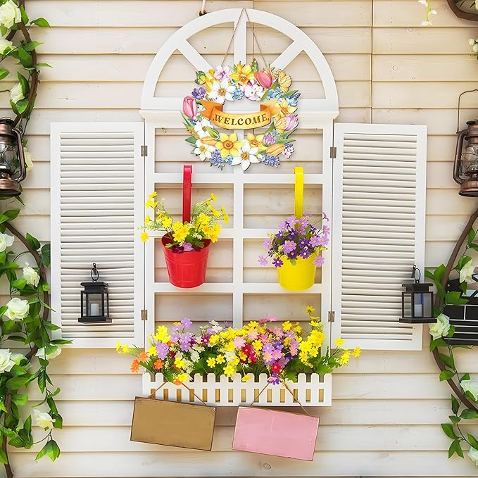 Spring Door Sign, 11.5" Flower Welcome Spring Door Hanger Decor for Front Door Rustic Flower Wall Pediments for Spring Easter Party Outdoor Indoor Front Door Decor