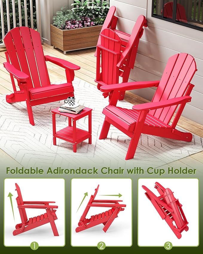 GREENVINES Folding-Adirondack-Chairs-Set-of-6 | HDPE Plastic | Fire Pit Chair | All Weather | Cup Holder | Red | for Deck Backyard Patio Outdoor Garden