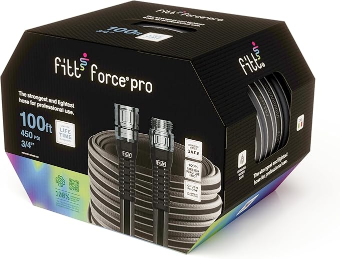 FITT Force Pro Water Hose, Lightweight Ultra Flexible Durable Kink-Free Heavy-Duty Commercial Grade Flat Garden Hose, Grey and Blue, 100-Feet x 3/4-Inch