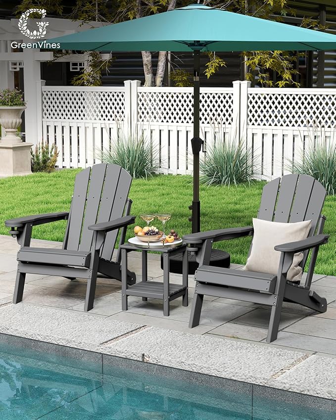 GREENVINES Folding-Adirondack-Chair | HDPE Plastic | Fire Pit Chairs | All Weather | Cup Holder | Grey | for Deck Backyard Patio Outdoor Garden