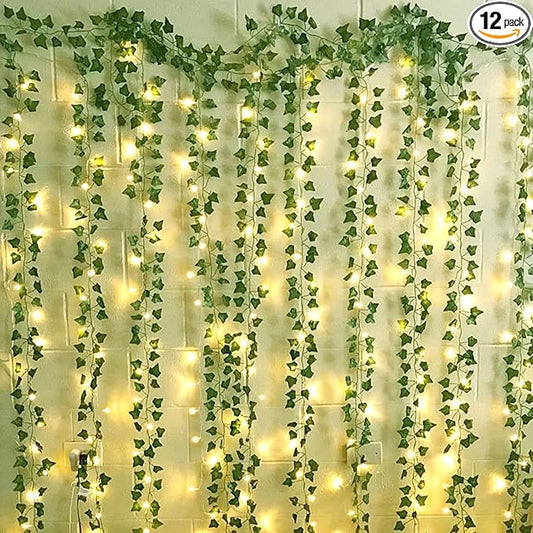 12 Packs Artificial Ivy, 84FT Garland Hanging Plants Fake Vines with 200 LED String Light for Bedroom Wedding Party Garden Wall Room Home Decor