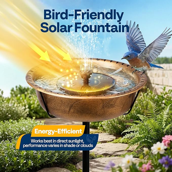 VIVOHOME Bird Bath with Solar Fountain for Outside, Weather-Resistant ABS Birdbath Bowl with Solar Powered Pump, Metal Ground Stake for Outdoor, Garden, 1.45 Gallons, Copper