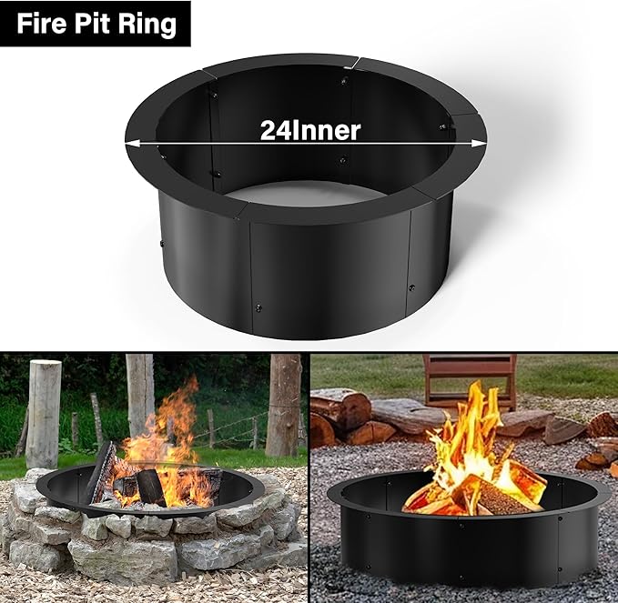 24" Extra Thickened Galvanized Fire Ring for Outside Wood Burning, Heavy-Duty Above- and In-ground Fire Pit Ring,Perfect Accessory for Backyard Garden and Family Gatherings