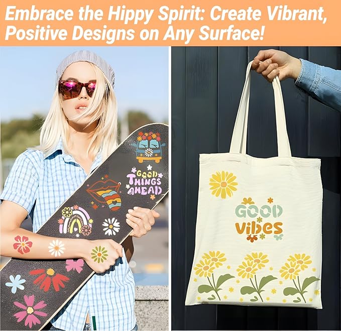 Stencils for Painting, Hippie Style Stencils for Crafts Reusable, 3 Inch Plastic Drawing Templates for Painting on Wood Wall Canvas Fabric, Small Hippy Tempates for DIY Project & Home Decor