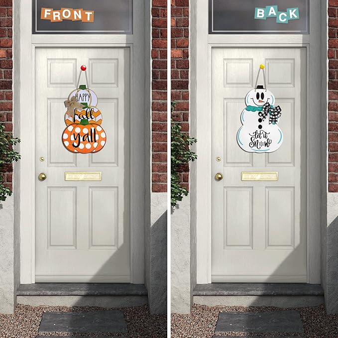 Fall Door Sign Reversible Pumpkin Snowman Wood Door Hanger Happy Fall Y'all Let It Snow Autumn Winter Front Door Porch Wreath Decorations