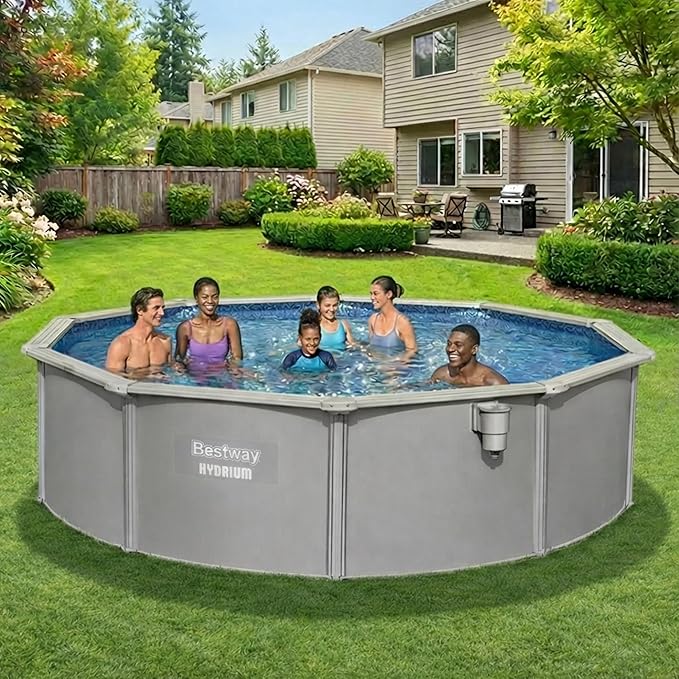 Bestway Hydrium Above Ground Swimming Pool, 15' x 48" Round Steel Wall Pool Set with Sand Filter Pump, Chemical Dispensers, and Accessories