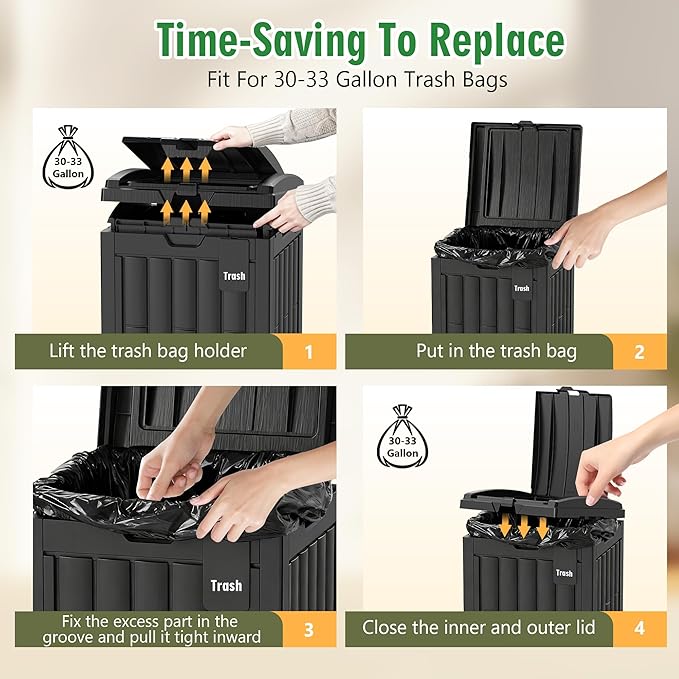 Outdoor Trash Can, 30 Gallon Garbage Can with Tiered Lid and Drip Tray, Waterproof Resin Waste Bin for Patio, Garden, Backyard, Deck, Black