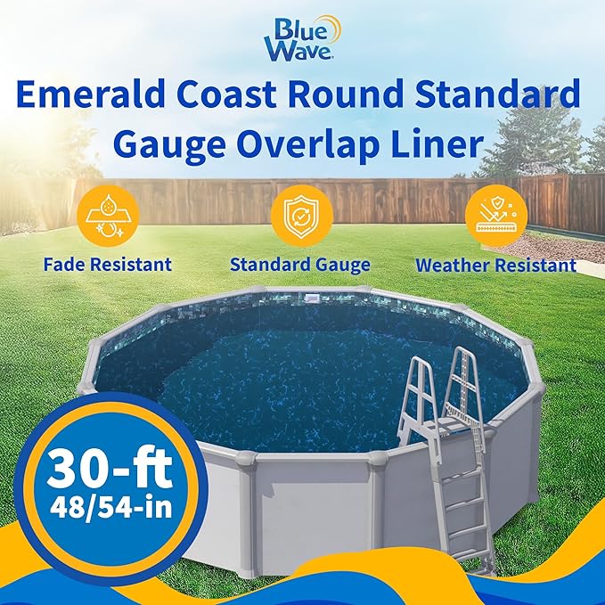 Blue Wave Emerald Coast Overlap 30 ft Round Pool Liner for Above-Ground Steel Wall Pools – Weather Resistant Standard Gauge Vinyl with Welded Seams - Dark Blue, Fits 48/54-In Depth Walls