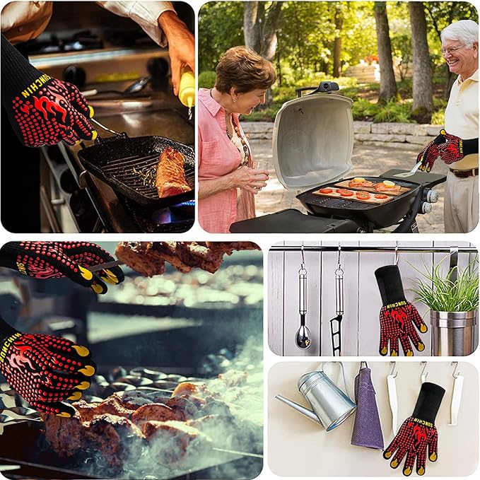 BBQ Fireproof Gloves, Grill Cut-Resistant 1472°F Heat Resistant Gloves, Non-Slip Silicone Oven Gloves, Kitchen Safe Cooking Gloves for Oven Mitts,Barbecue,Cooking, Frying,13 Inch 2pc