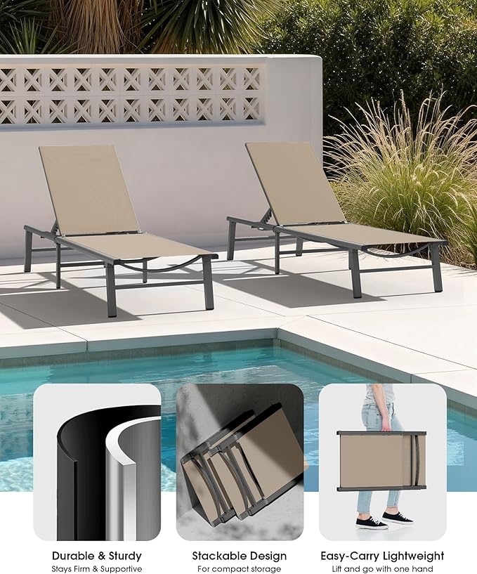 Ciokea Foldable Outdoor Lounge Chair Set of 2, No Assembly Aluminum Chaise Lounge Outdoor with 5 Adjustable Positions, Pool Lounge Chairs with Portable Design for Pool, Beach, Deck, Patio, Khaki