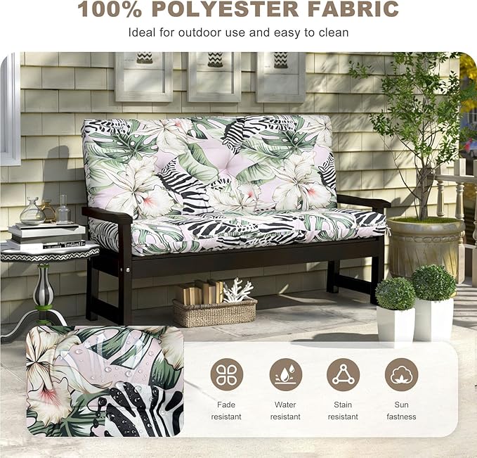 Porch Swing Cushion with Backrest,Waterproof Bench Cushion for Outdoor Furniture,2-3 Seater Replacement Thickened Swing Cushion with Ties,Patio,Outdoor,Backyard and Garden (Zebra Floral,60x40")