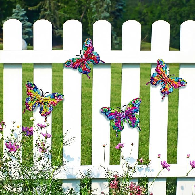 SUNREEK 4Pcs Metal Butterfly Wall Decor, 9 Inches Butterfly Outdoor Wall Art for Fence Garden Yard Room Patio Balcony Decorations