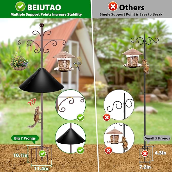 Bird Feeder Pole for Outdoors Heavy Duty Squirrel Proof, 2 Pack 108 Inch Adjustable Tall Shepherds Hooks for Outdoor with 7 Prongs Base, Double Shepherd Hooks (2 Pack Copper, 108 Inch)