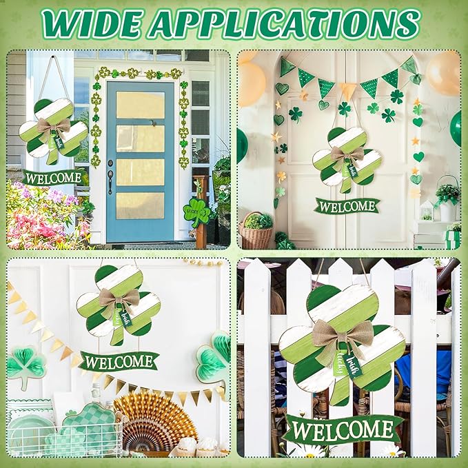 Wooden St Patricks Day Wreaths for Front Door Decoration Shamrock Door Sign with Bow Wall Signs Clover Spring Decoration, Irish Sign Welcome Hanging for Home Decor Party Outdoor Indoor Supply