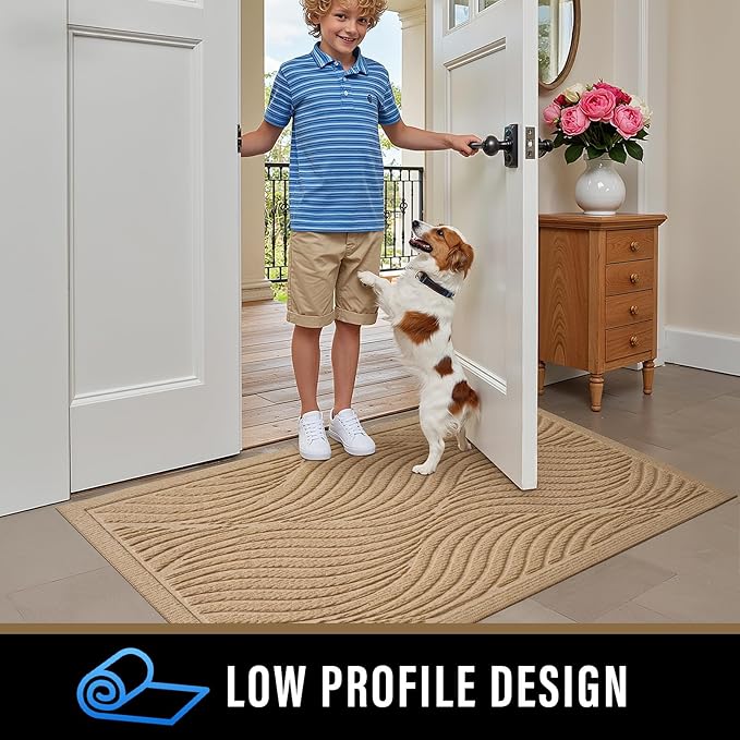 PLEASOR Front Door Mat Outside Entrance, Absorbent and Dirt Resistant Welcome Mat Indoor Outdoor, Non-Slip Backing Entry Mat, Fade Resistant, Easy Clean Low Profile Doormat for Entryway, 36x24, Beige