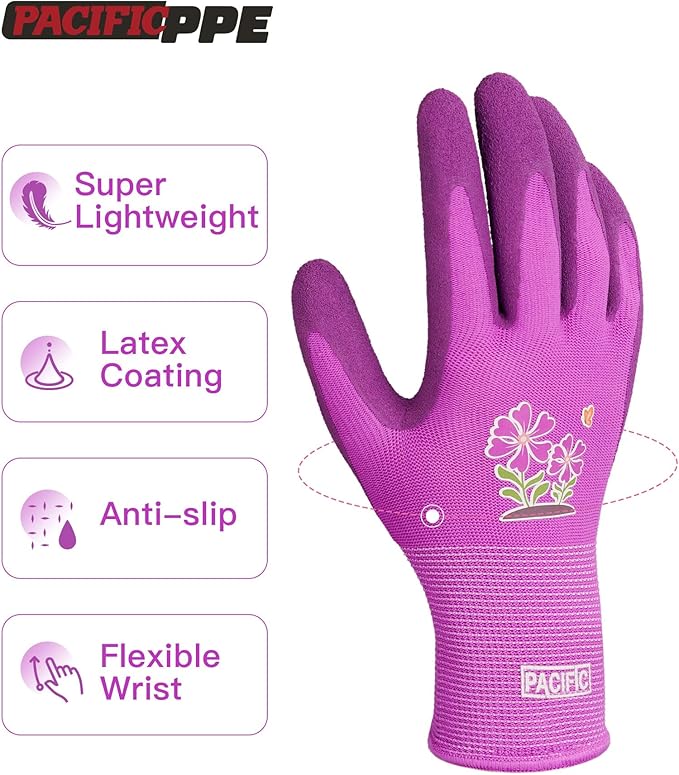 PACIFIC PPE 6 Pairs Gardening Gloves for women and Ladies, Rubber Coated Garden Gloves, Outdoor Protective Work Gloves, Small, Purple