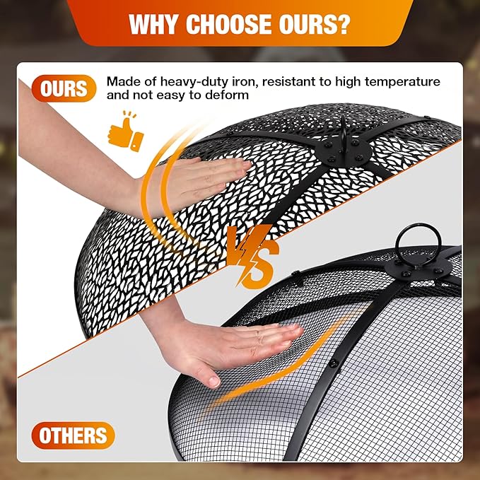 REDCAMP 30Inch Fire Pit Spark Screen, Collapsible Fire Pit Screen Round with Handle, Heavy Duty Iron Fire Pit Cover Mesh Round Replacement Firepit Screens Easy Opening for Outdoor Patio Backyard