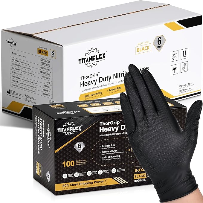 TitanFlex Heavy Duty Black Industrial Nitrile Gloves with Raised Diamond Texture, Latex Free (6mil/8mil)