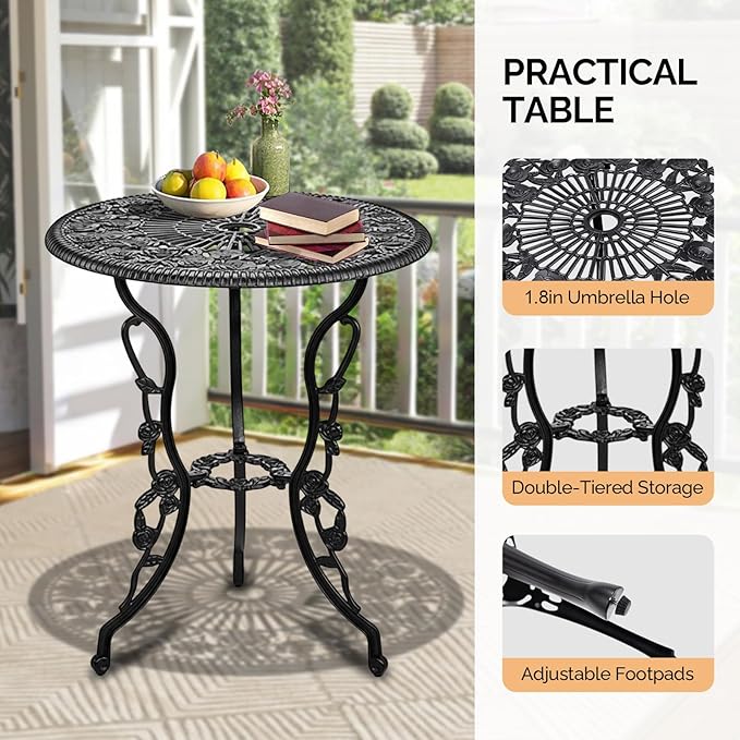 VINGLI 3 PCS Outdoor Bistro Set, Outdoor Patio Set, All-Weather Cast Aluminum Bistro Table Set, Bistro Table and Chairs Set of 2 for Backyard, Garden, Balcony (Black, Rose)
