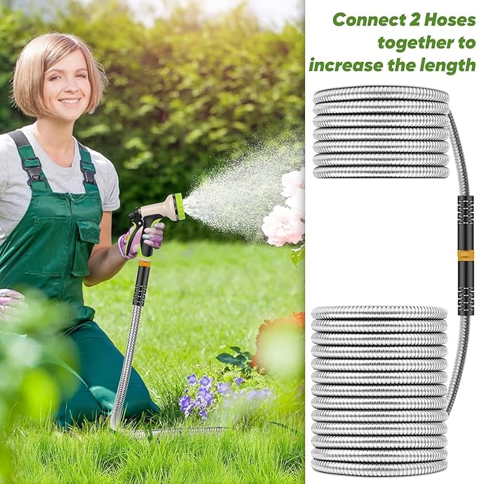 Garden Hose 125ft, Stainless Steel Heavy Duty Water Hose with 10 Function Nozzle Flexible, Lightweight, No-Kink, Pet Proof, Puncture Proof Metal Hose for Yard, Outdoor