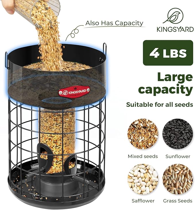 Kingsyard Upgraded Squirrel Proof Caged Bird Feeder for Outdoor Hanging - Additional Storage Tube Bird Feeder with 4 Feeding Ports & Perches, Easy to Clean & Refill. Black
