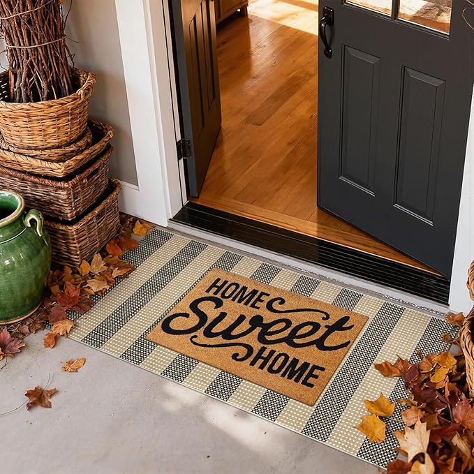 Striped Outdoor Front Door Mat 24"x51", Cotton Hand Woven Rug Indoor Doormat Washable Black and Tan Rug Runner, Foldable Front Door Rugs for Entryway/Farmhouse/Home Entrance