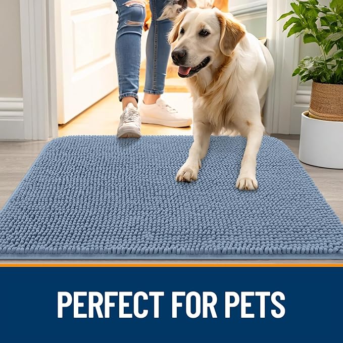 OLANLY Dog Door Mat for Muddy Paws 54x24, Absorbs Moisture and Dirt, Absorbent Non-Slip Washable Doormat, Quick Dry Chenille Mud Mat for Dogs, Entry Indoor Entryway Carpet for Inside Floor, Airy Blue