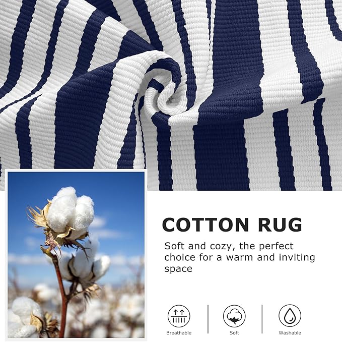 IOHOUZE Navy and White Striped Rug 2'x3' Front Door Rugs, Small Washable Area Rug for Front Porch, Spring Summer Doormats Outdoor Indoor, Cotton Rugs for Entryway Porch Entrance