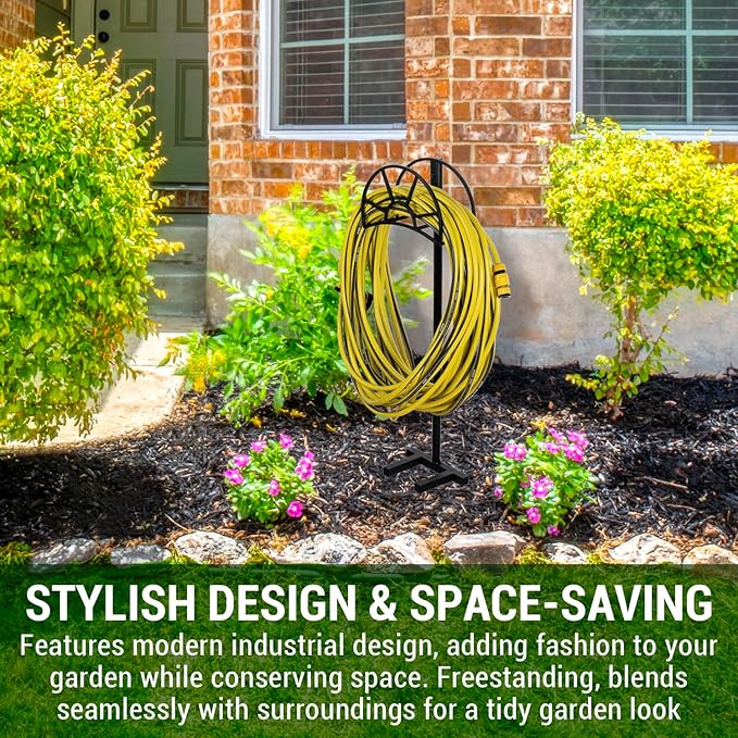 MyGift Metal Garden Hose Holder Stake, Modern Matte Black Metal Outdoor Garden Hose Holder Rack with Yard Grass Stake Anchors