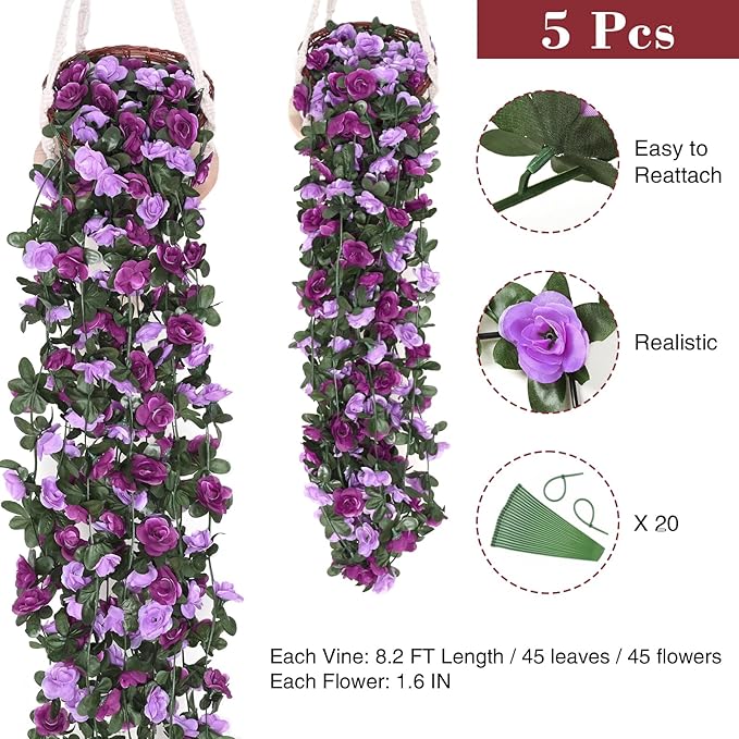 BLEUM CADE 5Pcs 41Ft Flower Garland Artificial Rose Vines for Bedroom, Cute Fake Hanging Flower Vines Floral Garland Decorations for Wedding Party Wall Room Decor Aesthetic
