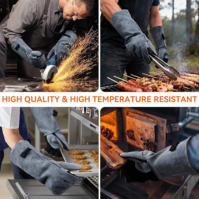 OZERO Welding Gloves for Men, Heat Resistant Gloves, 16-Inch Cowhide Leather Work Gloves, EN388/EN407/EN12477 Type A Certified, Reinforced Palm, Insulated Lining, Long Cuff for BBQ & Grill, Black-gray