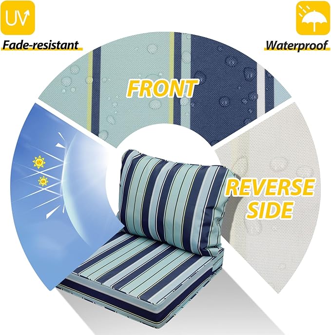 AAAAAcessories Outdoor Seat Cushions for Chairs, Fade-Resistant, Waterproof Patio Furniture Replacement Cushions, 23.5" x 25.5" x 5" + 23.5" x 19", Set of 4, Ash Teal Seaside Stripe