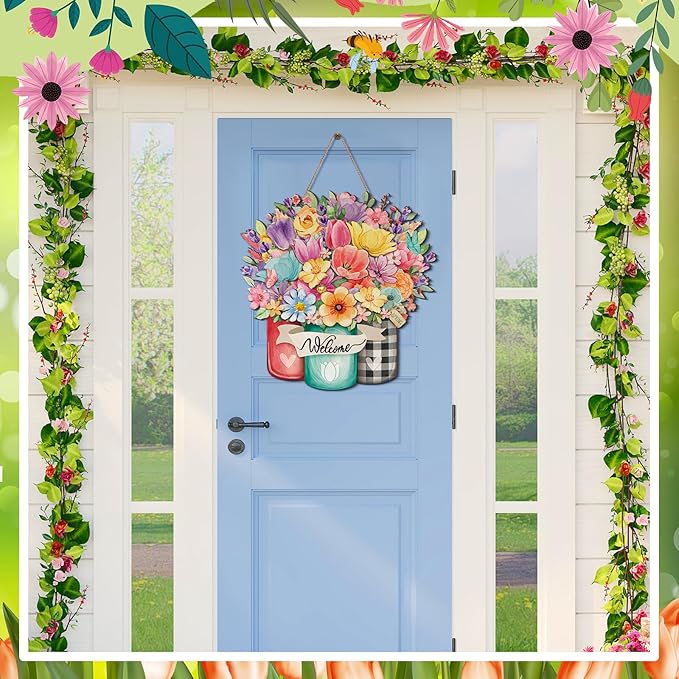 Juexica Spring Welcome Door Sign for Front Door Flower Door Hanger Wreaths Spring Wooden Hanging Decor Rustic Welcome Sign for Front Porch Wall Pediments Decorations