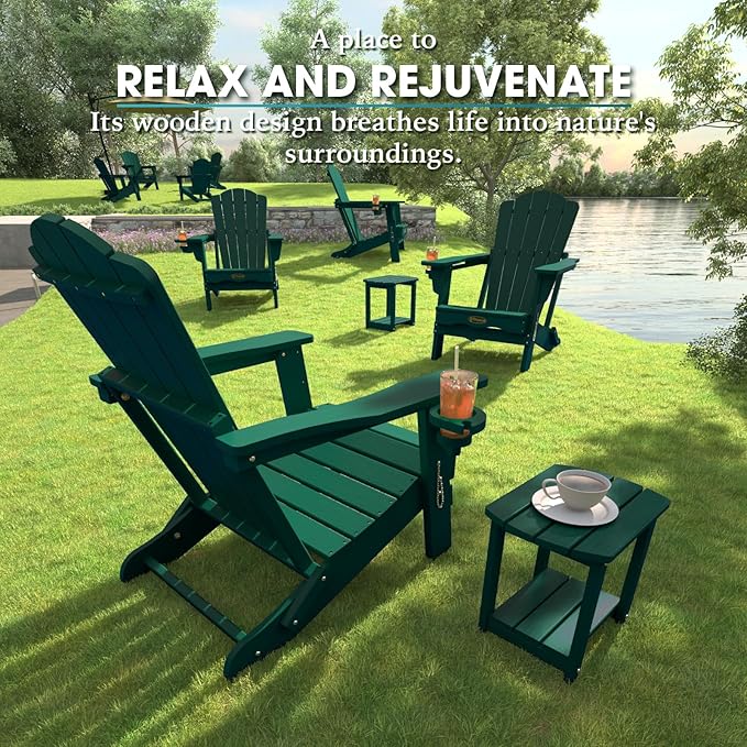 Folding Adirondack Chair,HDPE All-Weather Outdoor Chair with Cup Holder,Wooden Textured,Fire Pit Chair,Plastic Patio Chair for Deck,Backyard,Garden,Lawn(Green)