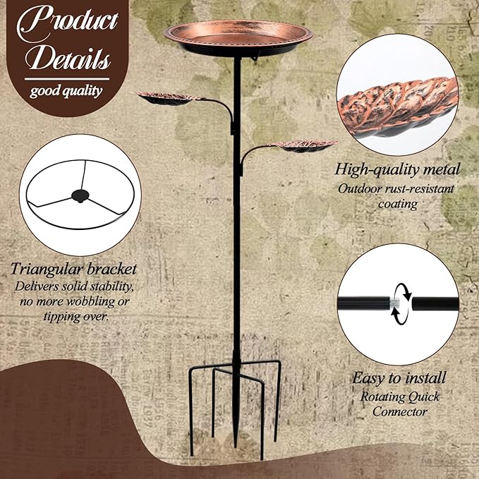 SPOKKI Metal Bird Bath for Outdoors,12 Inch Bath Bowl with 2 Bird Feeders,All Metal Rustproof Standing Birdbaths for Garden Yard Lawn Patio Outdoor Decor,Upgraded 5-Pronged Base (Antique Bronze)