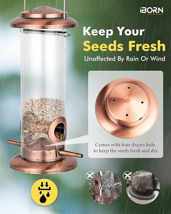 iBorn Metal Bird Feeder Hanging Wild Bird Feeders for Mix Seed Blends Heavy Duty All Metal Finishing, Copper Finish, 8 Inch 2 Port (Seed is not Included)
