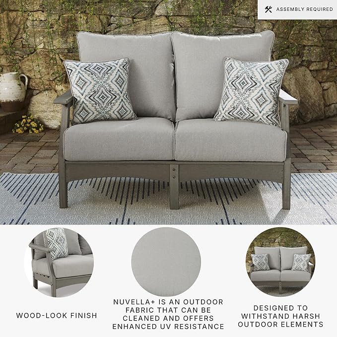 Signature Design by Ashley Outdoor Visola Patio HDPE Loveseat with Nuvella Throw Pillows, Gray